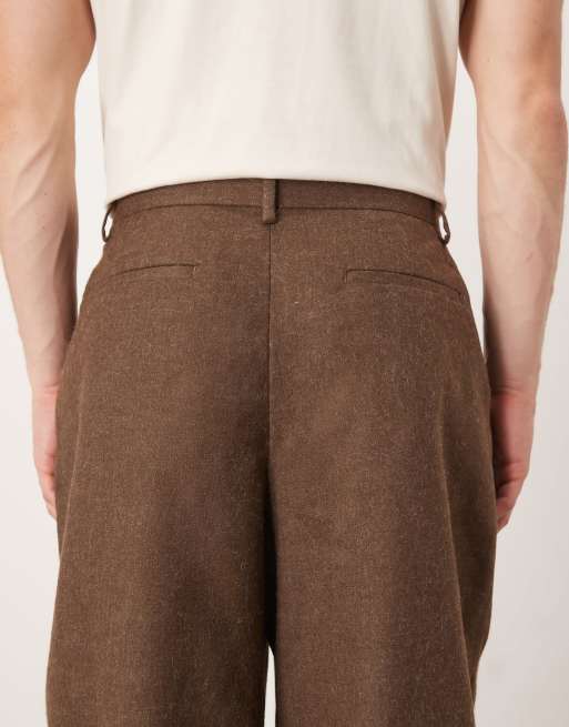 ASOS DESIGN smart wide barrel leg fit pants with front pleats in brown brushed fabric - BROWN, 5 of 5