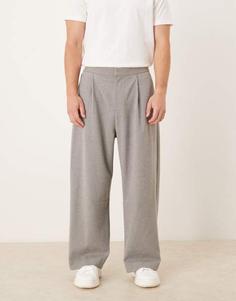 ASOS DESIGN smart wide barrel leg fit trousers in light grey flannel look with elasticated waist - view 1