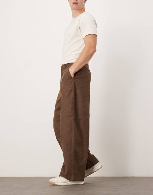 ASOS DESIGN smart wide barrel leg fit trousers with front pleats in brown brushed fabric - BROWN, 3 of 5