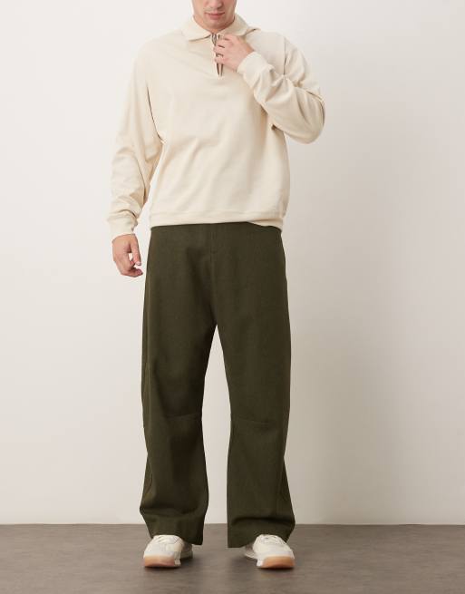 ASOS DESIGN smart wide barrel leg trousers with wool in dark green twill