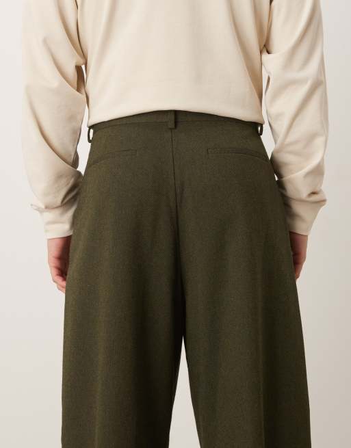 ASOS DESIGN smart wide barrel leg trousers with wool in dark green twill