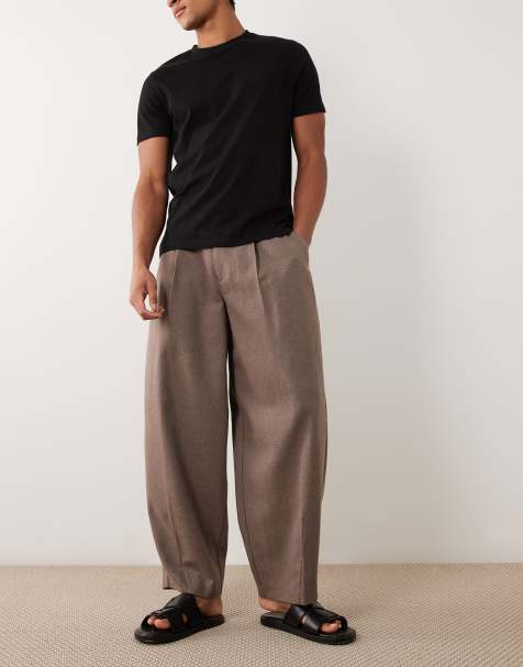 ASOS DESIGN smart wide barrel leg pants with wool in light brown herringbone - view 1