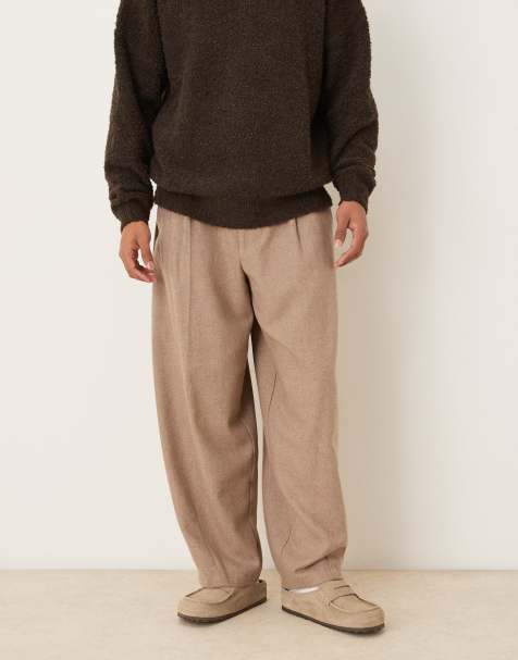 ASOS DESIGN smart wide barrel leg pleated pants with wool in dark stone - view 1