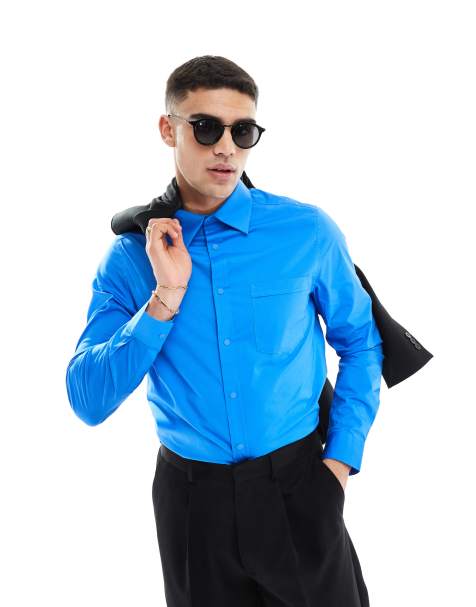 ASOS DESIGN smart wide collar regular shirt in bright blue - view 1