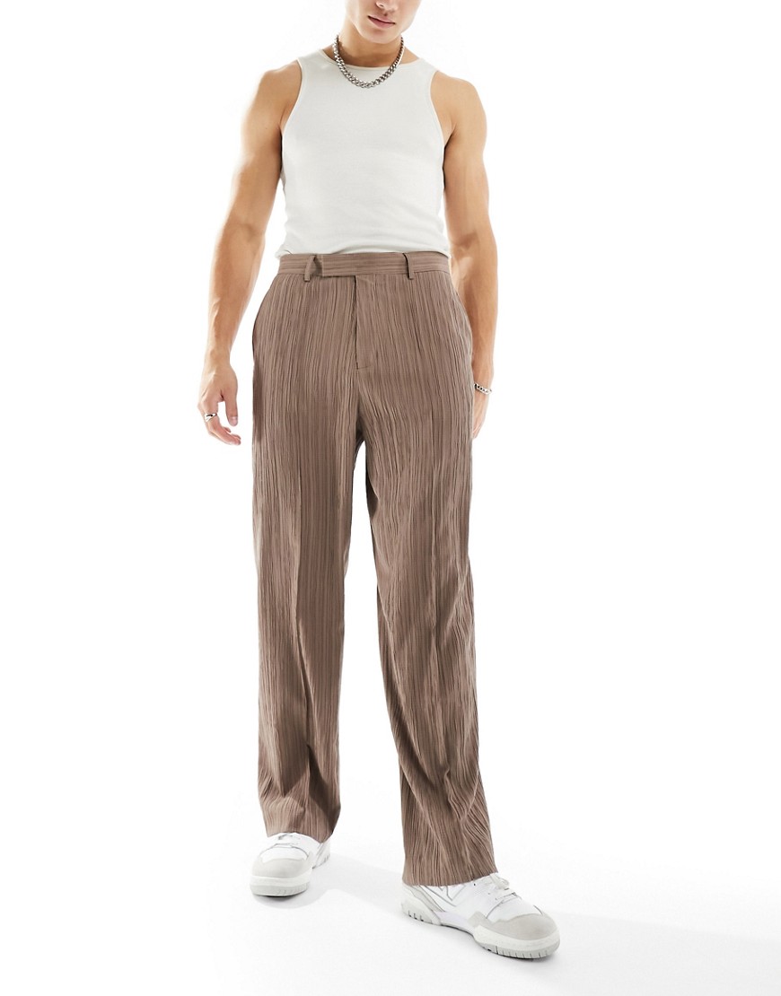 ASOS DESIGN smart wide fit trousers in brown textured fabric