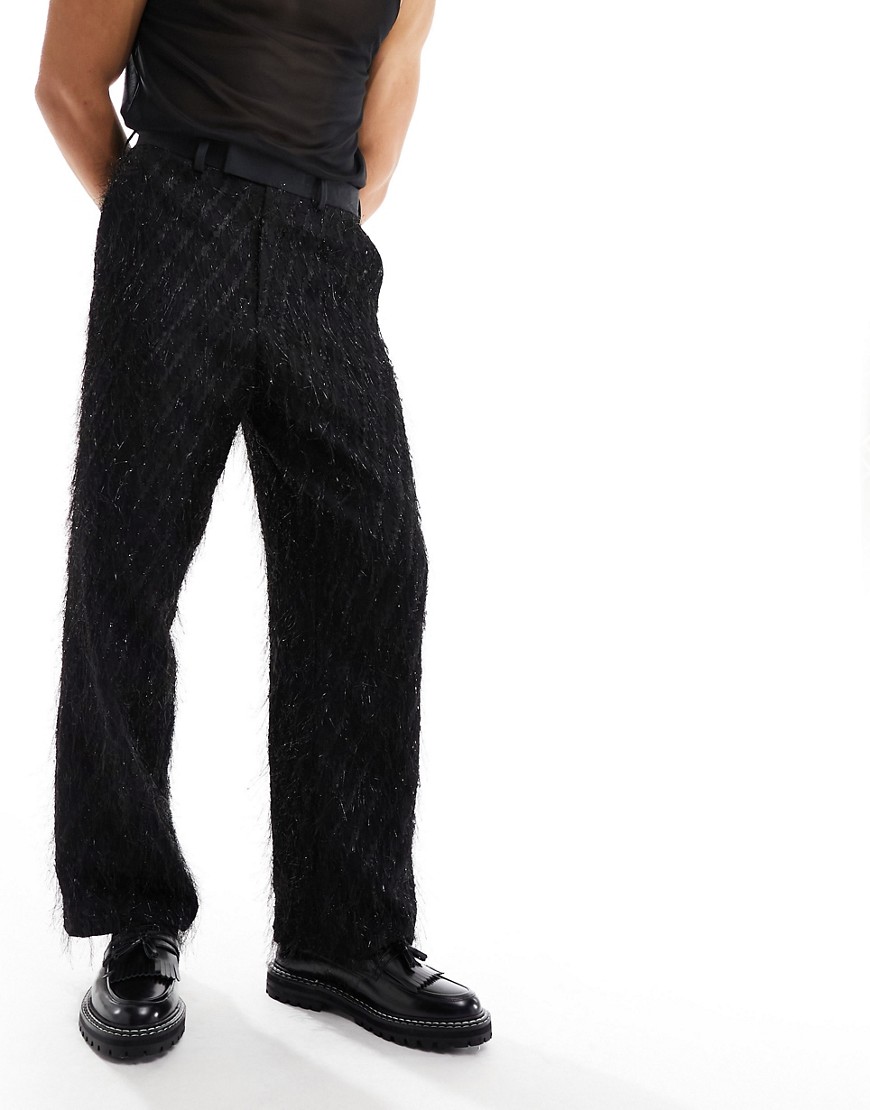 ASOS DESIGN smart wide leg all over fringe trousers in black