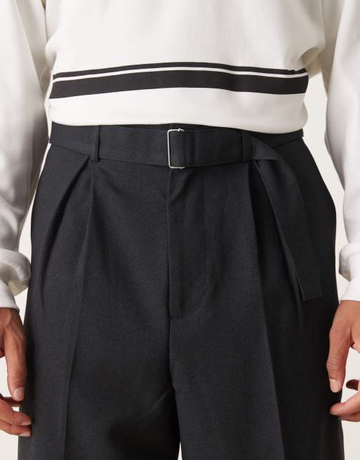ASOS DESIGN smart wide leg belted pants with front pleat in black, 4 of 5