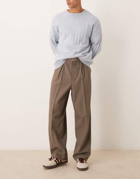ASOS DESIGN smart wide leg belted pants with front pleat in brown - view 1