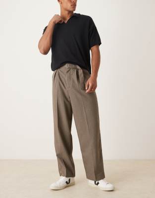 Asos Design Smart Wide Leg Belted Pants With Front Pleat In Brown