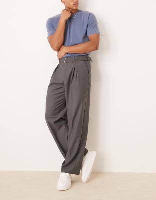 smart wide leg belted pants with front pleat in charcoal-Gray