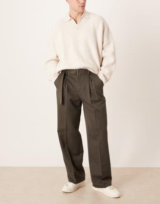 Asos Design Smart Wide Leg Belted Pants With Front Pleat In Gray