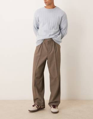 smart wide leg belted pants with front pleats in brown