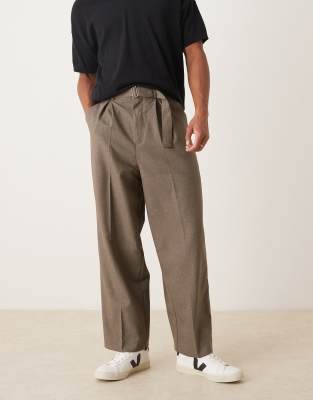 ASOS DESIGN smart wide leg belted trouser with front pleat in brown