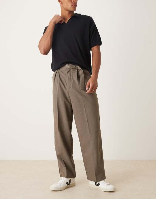 ASOS DESIGN smart wide leg belted trouser with front pleat in brown, 2 of 5