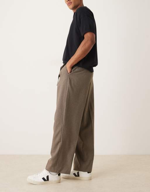 ASOS DESIGN smart wide leg belted trouser with front pleat in brown, 3 of 5