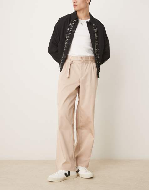 ASOS DESIGN smart wide leg belted trousers in beige - view 1