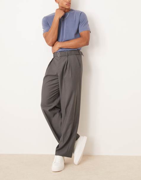 ASOS DESIGN smart wide leg belted trousers with front pleat in charcoal - view 1