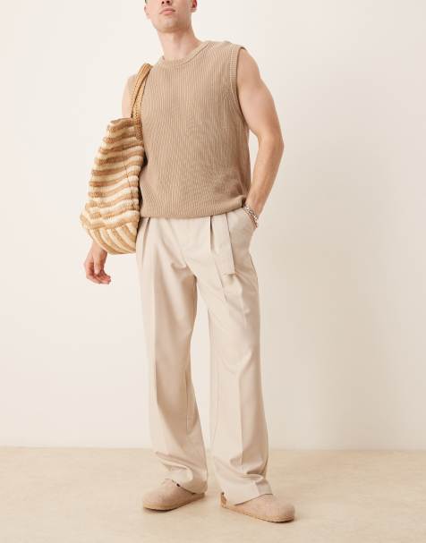 ASOS DESIGN smart wide leg belted trousers with front pleat in stone - view 1