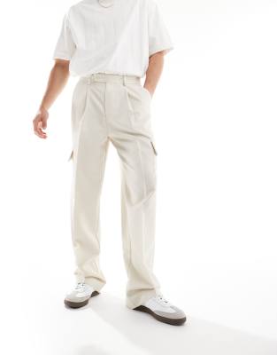 Asos Design Smart Wide Leg Cargo Pants In Ecru Microtexture-neutral