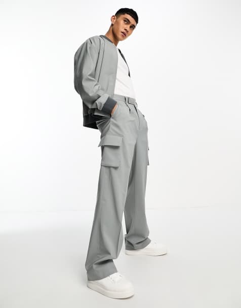 ASOS DESIGN smart wide leg cargo pants in gray with pocket detailing - part of a set - view 1