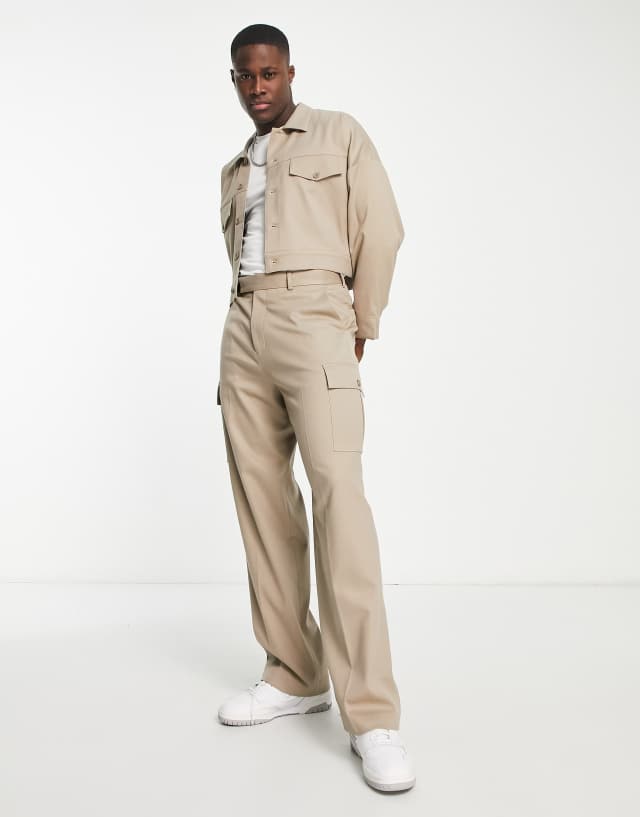 ASOS DESIGN smart wide leg cargo pants in stone twill - part of a set