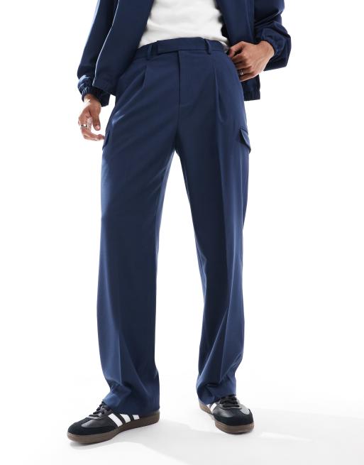ASOS DESIGN smart wide leg cargo pants with pocket detailing in navy (part of a set)