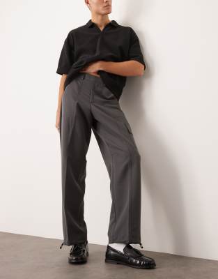 smart wide leg cargo pants with toggle hem in gray