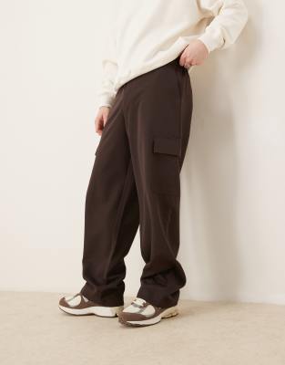 asos ASOS DESIGN smart wide leg cargo trousers in brown with elasticated waist