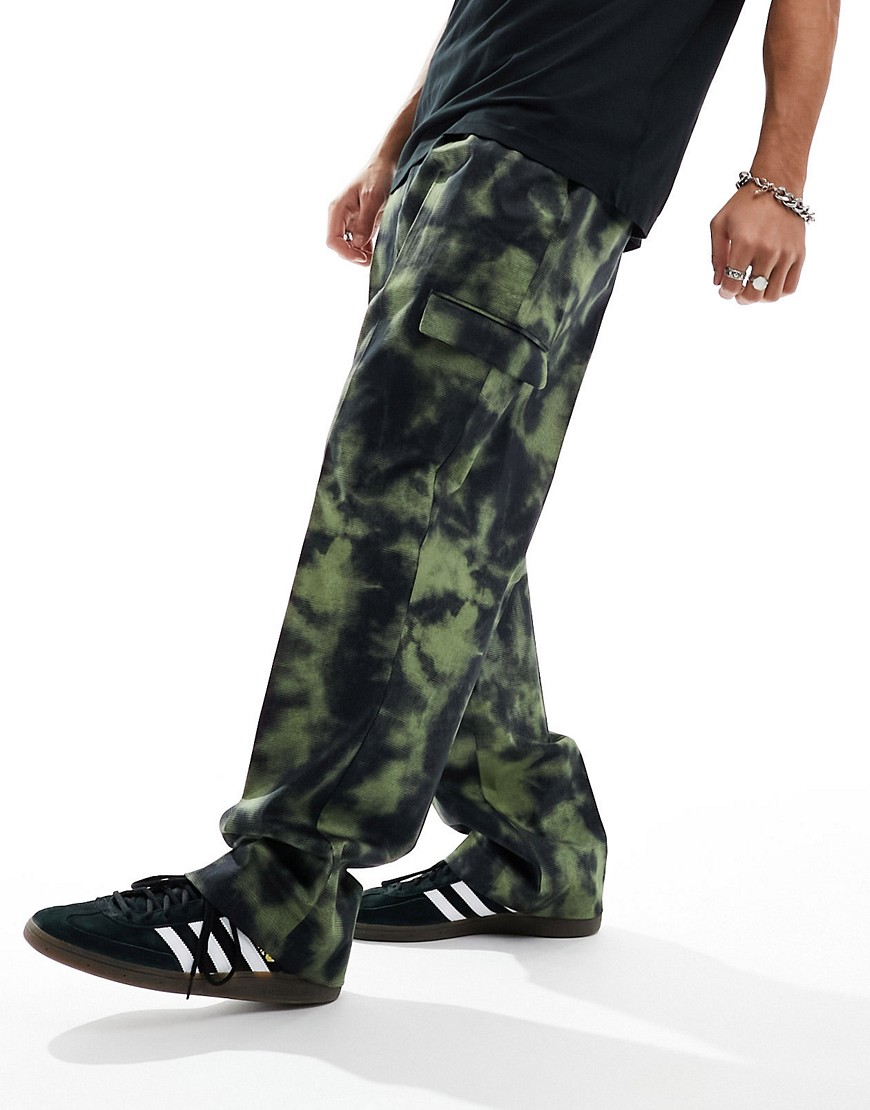 ASOS DESIGN smart wide leg cargo trousers in khaki camo print-Green
