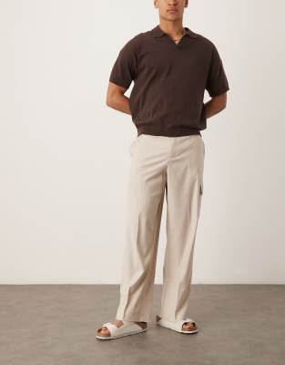 ASOS DESIGN smart wide leg cargo trousers in neutral linen look - view 1