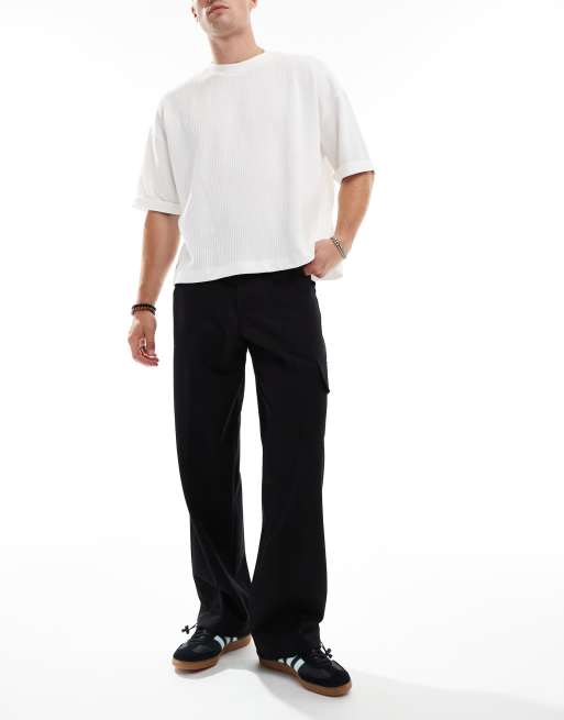 ASOS DESIGN smart wide leg cargo pants with toggle hem in black