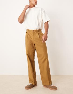 Asos Design Smart Wide Leg Cotton Chino Pants With Front Pleat In Brown