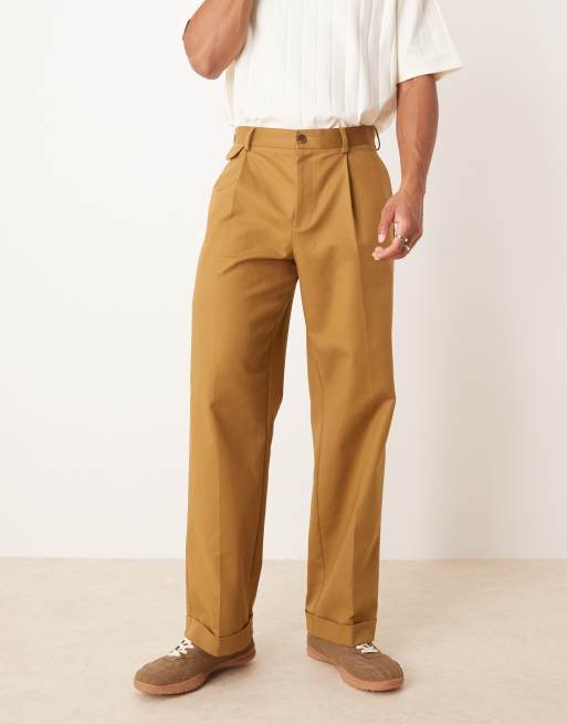 ASOS DESIGN smart wide leg cotton chino trousers with front pleat in brown, 2 of 5