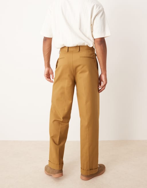 ASOS DESIGN smart wide leg cotton chino trousers with front pleat in brown, 3 of 5