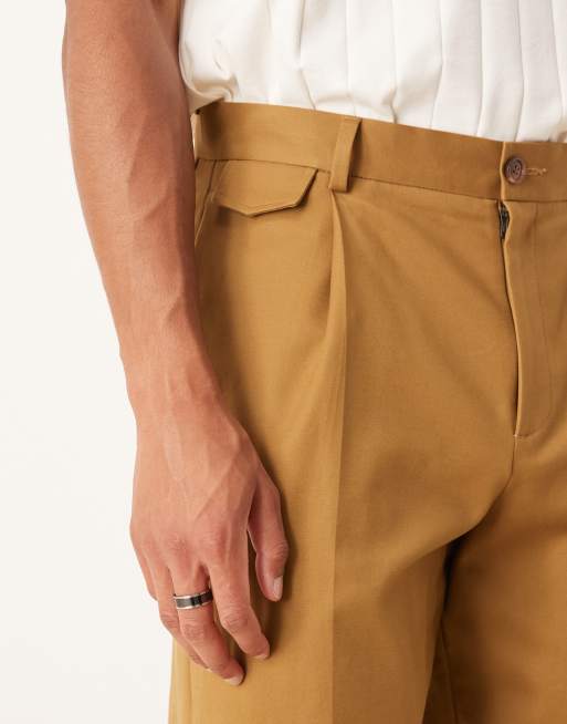 ASOS DESIGN smart wide leg cotton chino trousers with front pleat in brown, 4 of 5