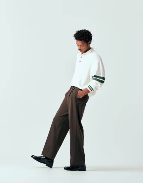 ASOS DESIGN smart wide leg double pleated trousers with exposed button in brown