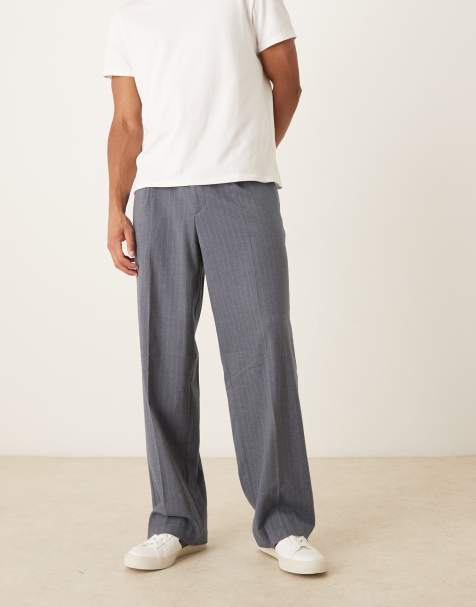 ASOS DESIGN smart wide leg flannel pants in dark blue pinstripe with elasticated waist - view 1