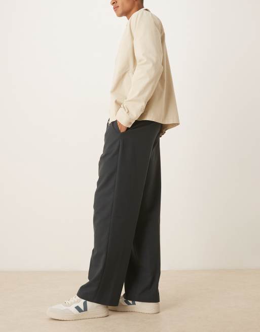 ASOS DESIGN smart wide leg flannel pants with front pleat and side adjuster in dark green, 3 of 5