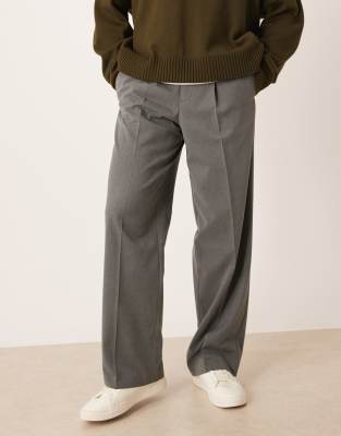 Asos Design Smart Wide Leg Flannel Pants With Front Pleat In Gray