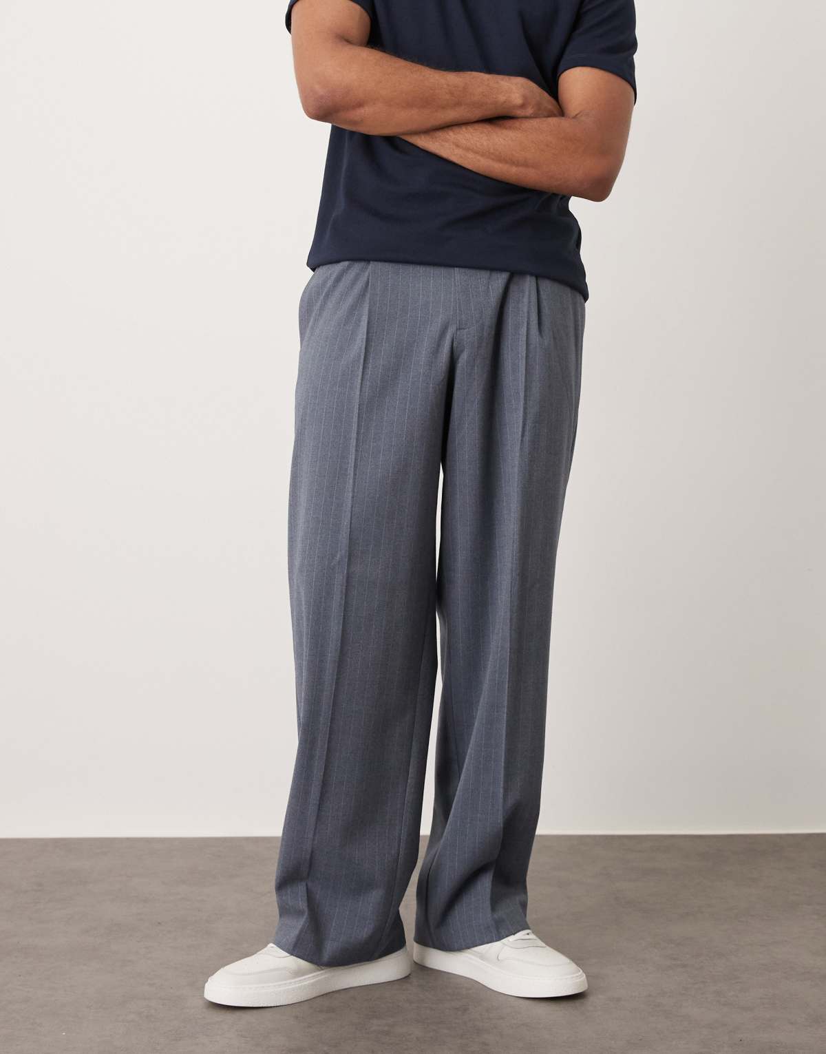 ASOS DESIGN smart wide leg flannel trousers in dark blue pinstripe with elasticated waist