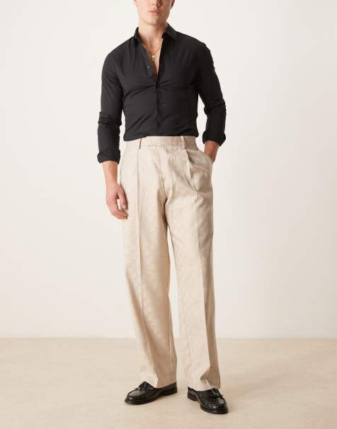 ASOS DESIGN smart wide leg jacquard pants in stone with front pleat - view 1