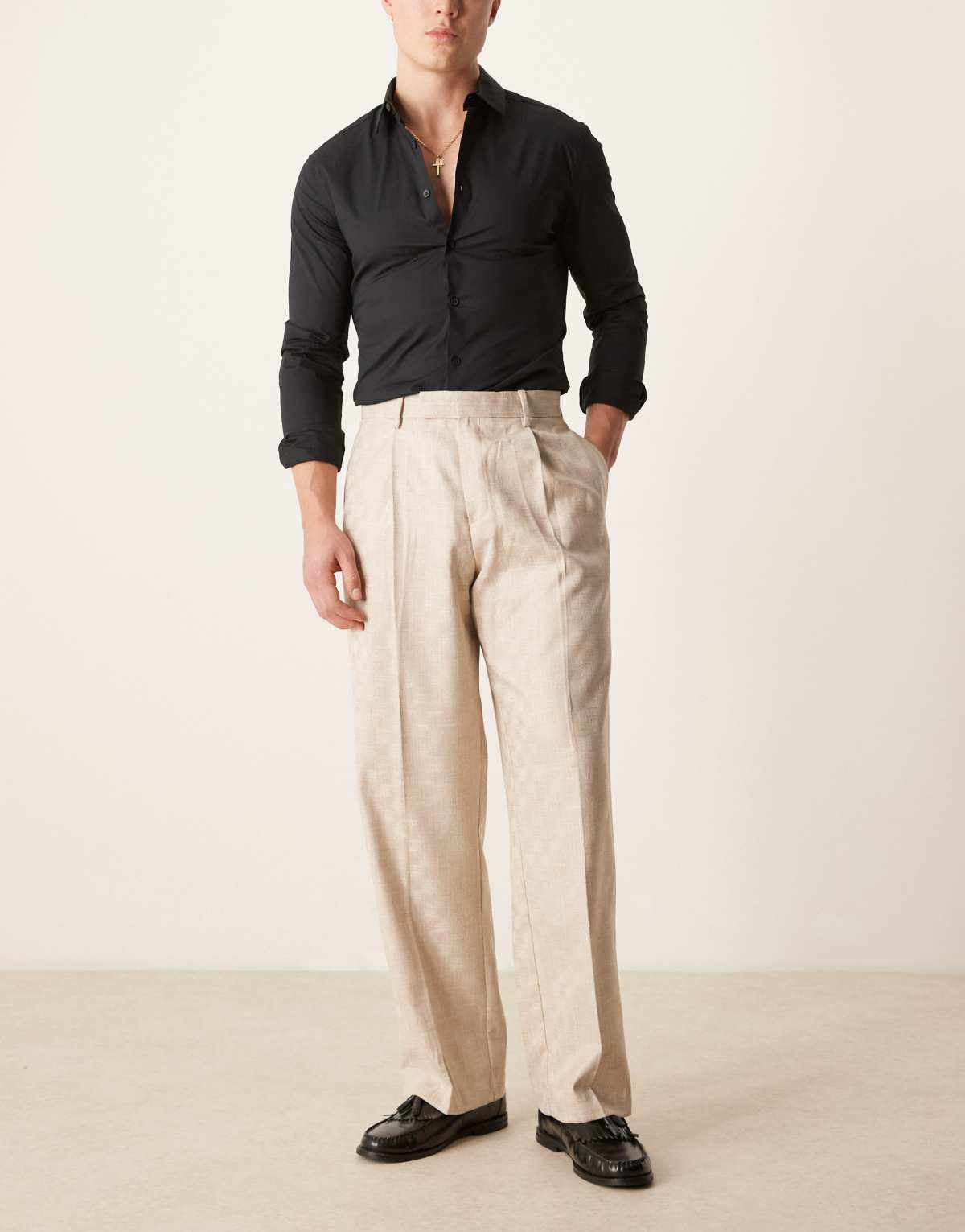 ASOS DESIGN smart wide leg jacquard trousers in stone with front pleat