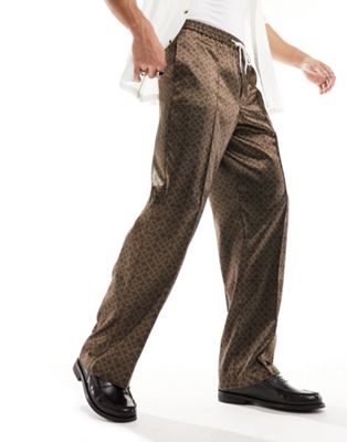 ASOS DESIGN smart wide leg joggers in brown geo print - ASOS Price Checker
