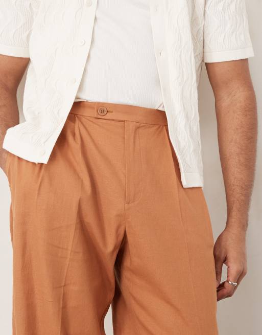 ASOS DESIGN smart wide leg linen blend pants with double pleats in rust