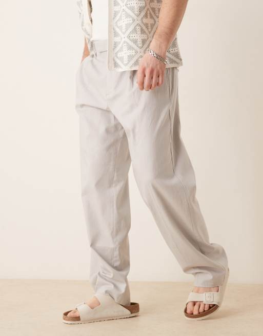 ASOS DESIGN smart wide leg linen blend pants with front pleat in light grey