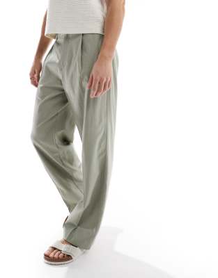 Asos Design Smart Wide Leg Linen Blend Pants With Front Pleat In Green