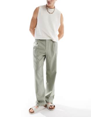 Asos Design Smart Wide Leg Linen Blend Pants With Front Pleat In Green