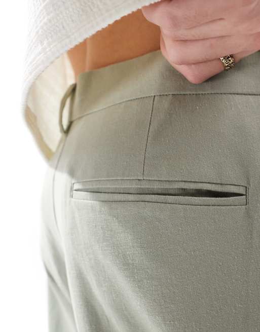 ASOS DESIGN smart wide leg linen blend pants with front pleat in sage green