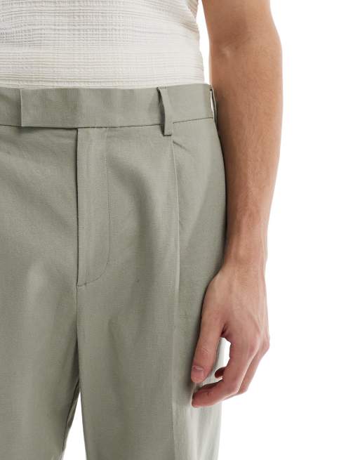 ASOS DESIGN smart wide leg linen blend pants with front pleat in sage green