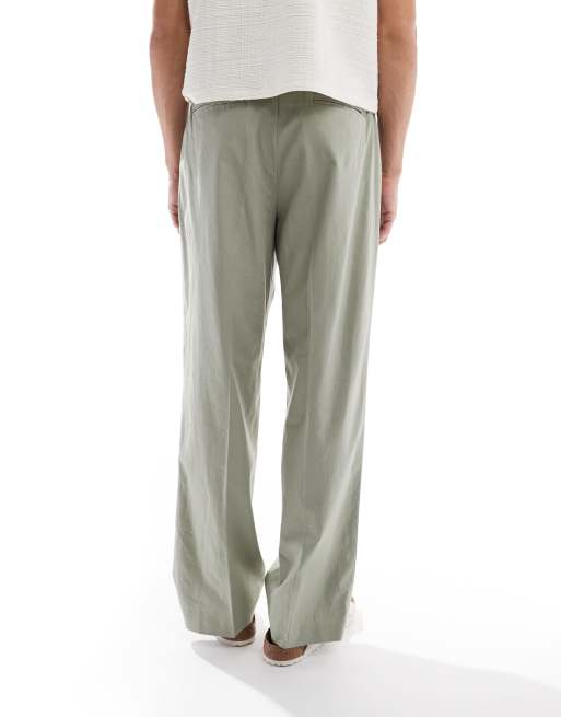 ASOS DESIGN smart wide leg linen blend pants with front pleat in sage green